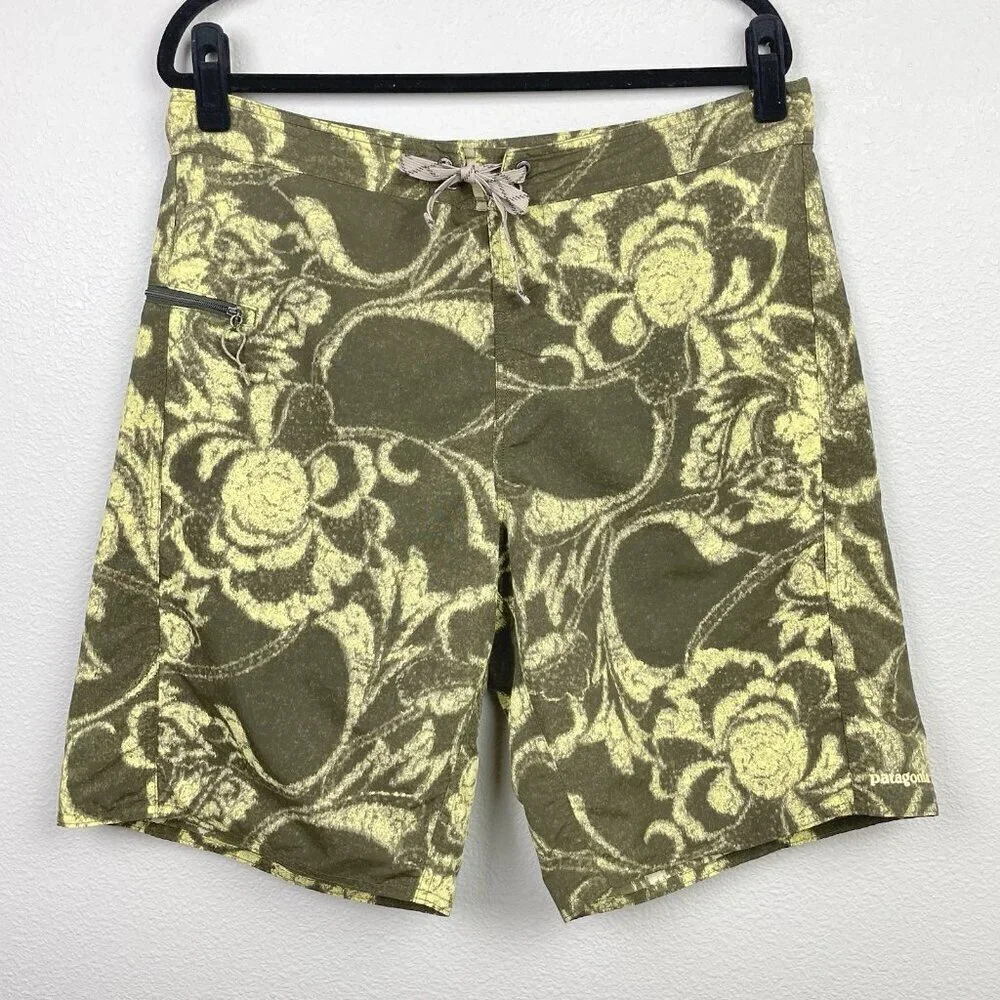 Patagonia Men's 36 Swim Trunks Shorts Green Brown Floral Tropical Vacation Beach